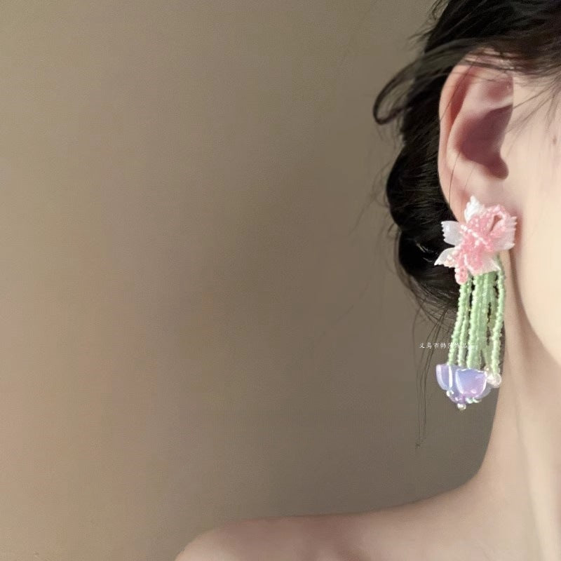波西米亞超仙花朵流蘇耳環女早春時尚百搭耳釘輕奢高級感耳飾