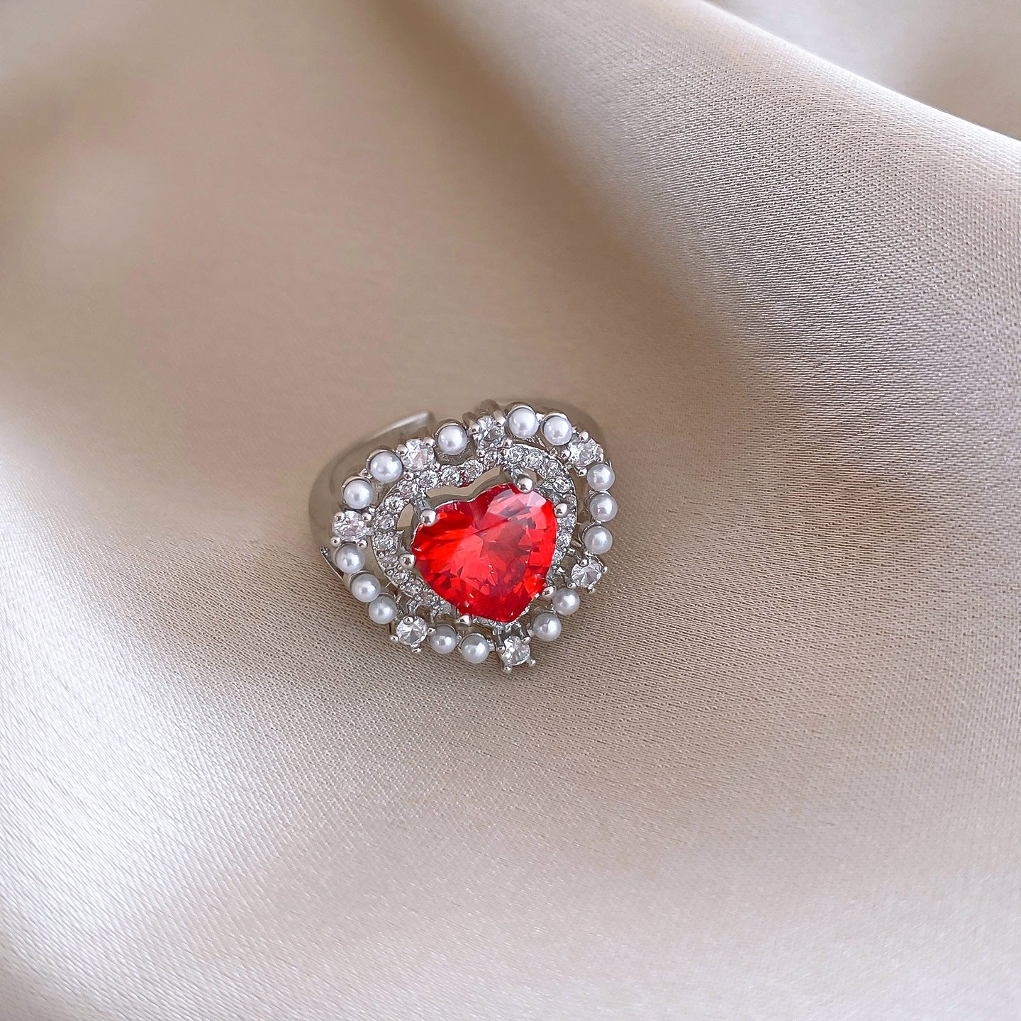 韓國氣質鋯石愛心珍珠戒指輕奢高級感食指戒女精緻手飾設計感小衆