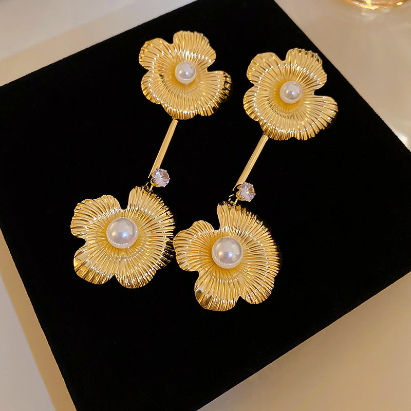 銀針超仙珍珠花朵流蘇耳環氣質時尚耳釘跨境歐美誇張高級感耳飾女