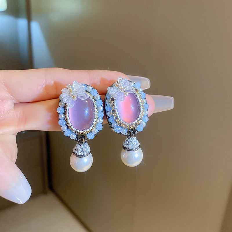 銀針輕奢鋯石花朵蝴蝶珍珠款耳釘氣質耳環高級感秋冬法式復古耳飾