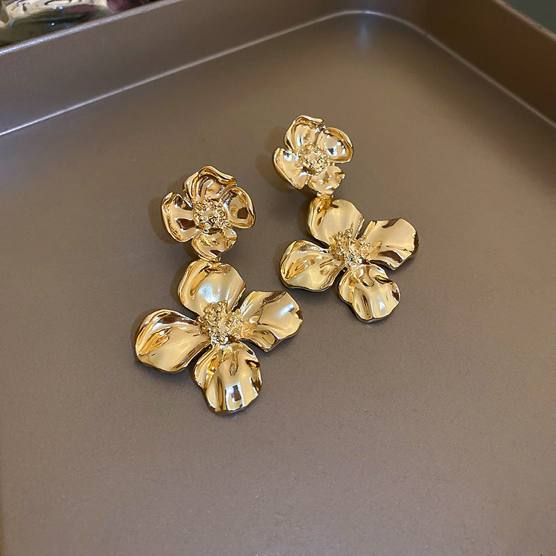 銀針歐美金屬風鏤空花朵魚尾珍珠耳環誇張氣質耳釘重工高級感耳飾