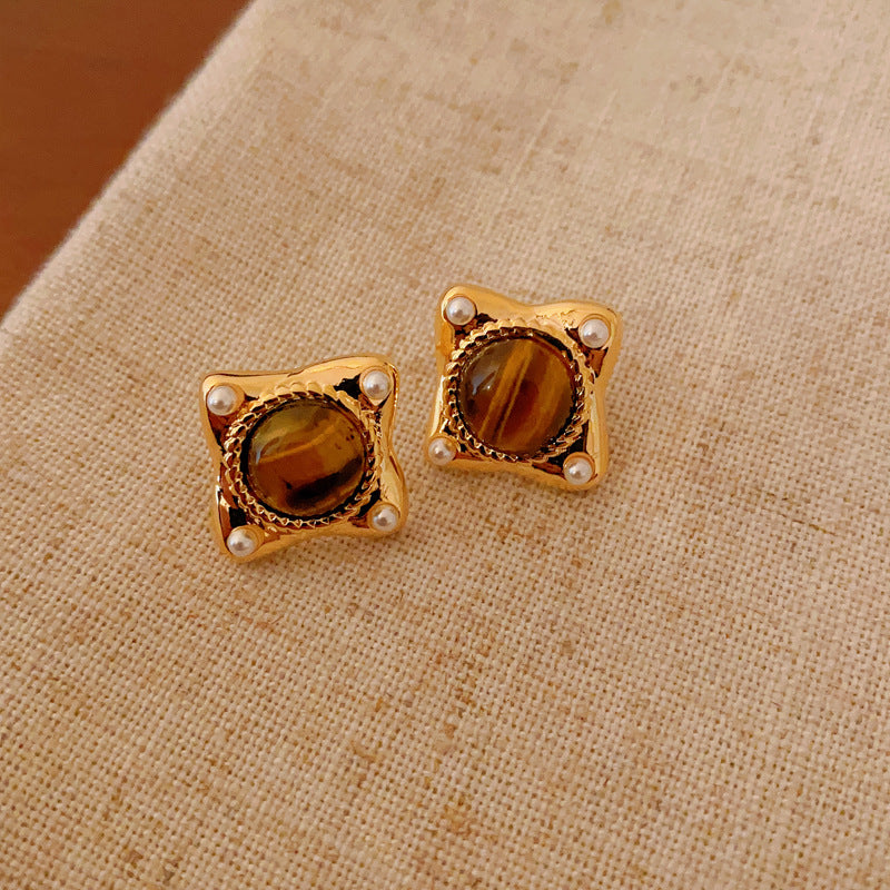 銀針小衆復古C形人造虎眼石耳環氣質設計感耳釘輕奢高級感耳飾女