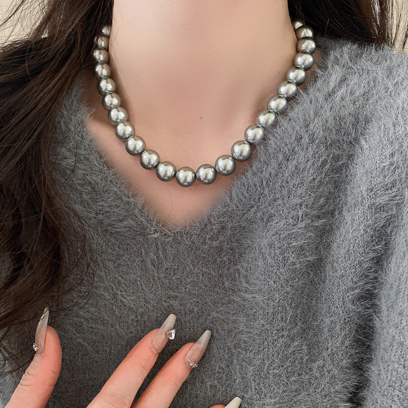 法式復古灰色珍珠項鍊小衆簡約設計感鎖骨鏈氣質輕奢高級感項飾女