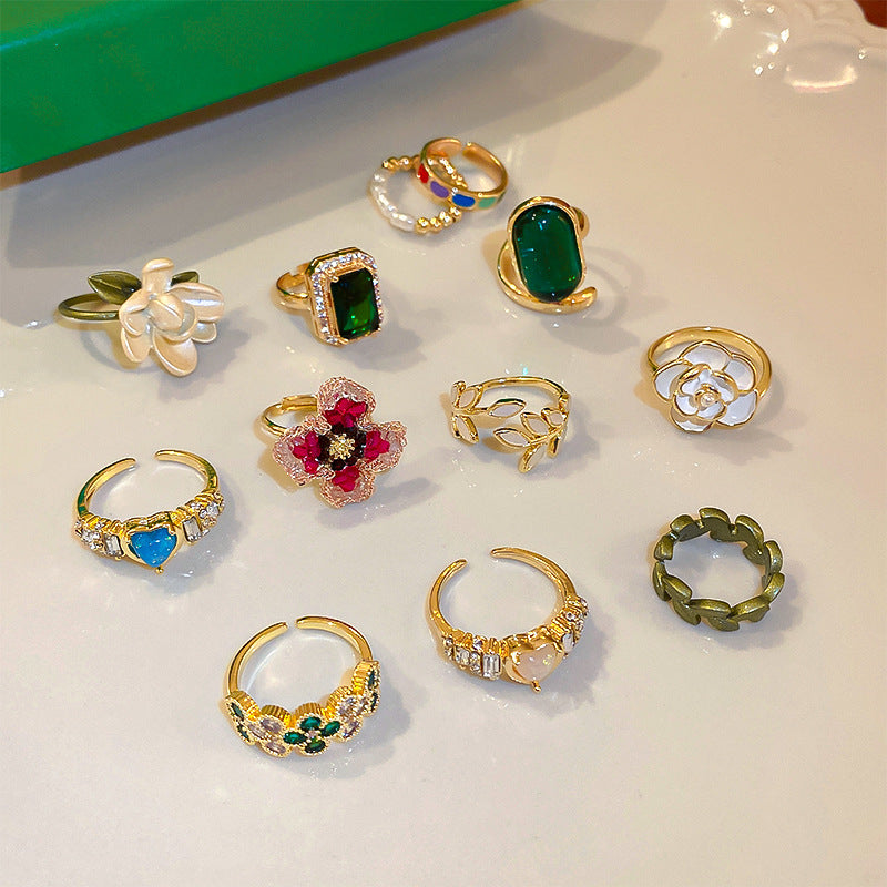 韓國ins風幾何珍珠花朵愛心開口戒指甜美氣質指環食指戒復古手飾