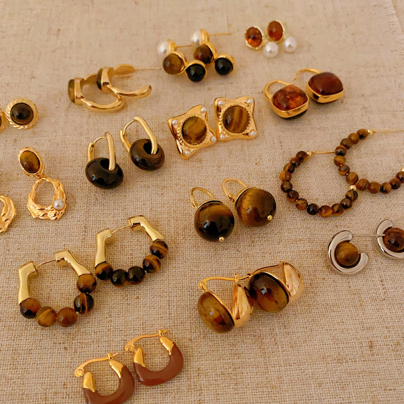 銀針小衆復古C形人造虎眼石耳環氣質設計感耳釘輕奢高級感耳飾女