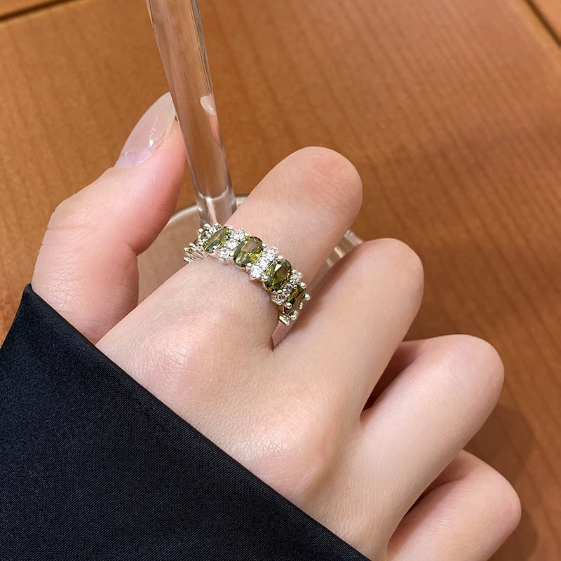小衆復古橢圓橄欖綠鋯石開口戒指輕奢高級感食指戒氣質百搭手飾女