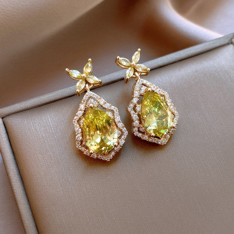 歐美跨境綠色鋯石花朵幾何耳釘氣質百搭耳環輕奢高級感耳飾設計感