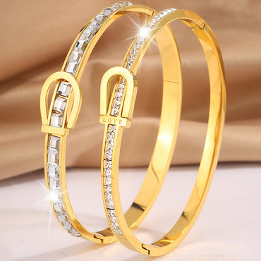 新款歐美風LOVE彎牌鈦鋼手鐲女高版本輕奢鑲鑽簡約大方排鑽手鐲