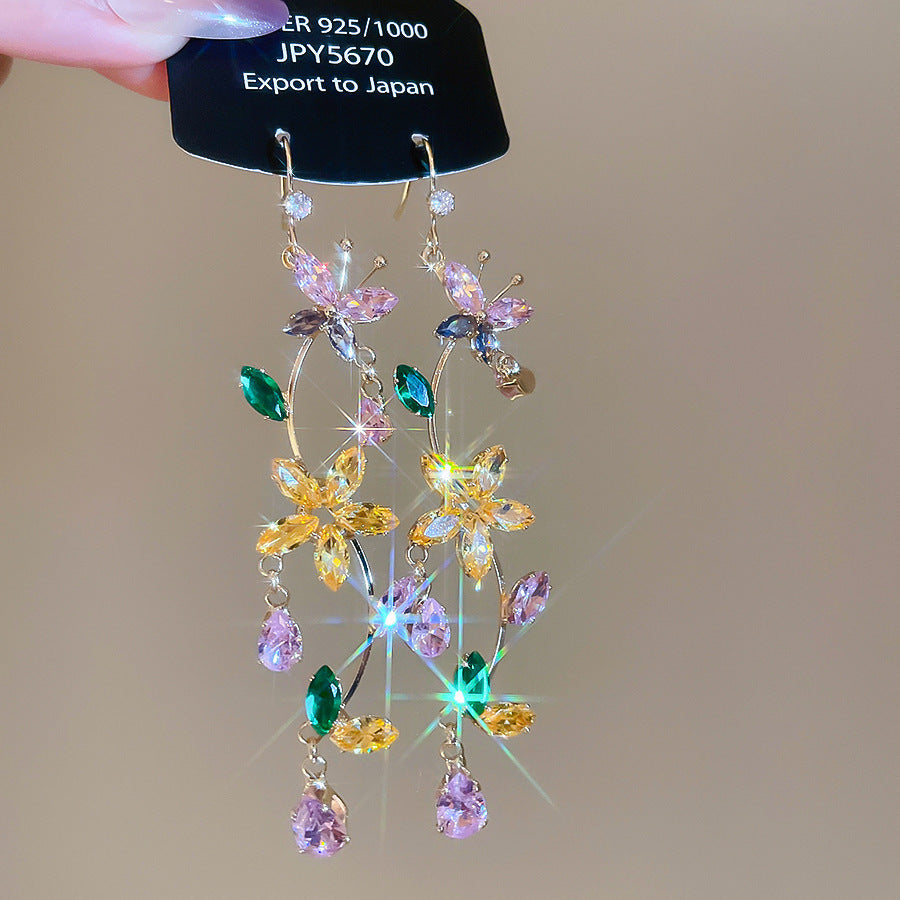 銀針熱銷鑲鑽鋯石水滴蝴蝶流蘇耳環輕奢高級感耳釘耳飾設計感小衆