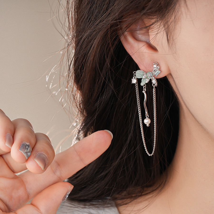 銀針小清新綠色樹脂鋯石蝴蝶流蘇耳釘甜美個性耳環輕奢高級感耳飾