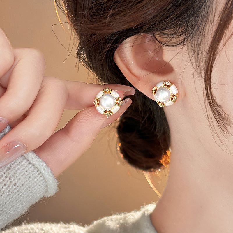 銀針法式復古字母豬鼻子土星珍珠耳環一款兩戴耳釘輕奢高級感耳飾