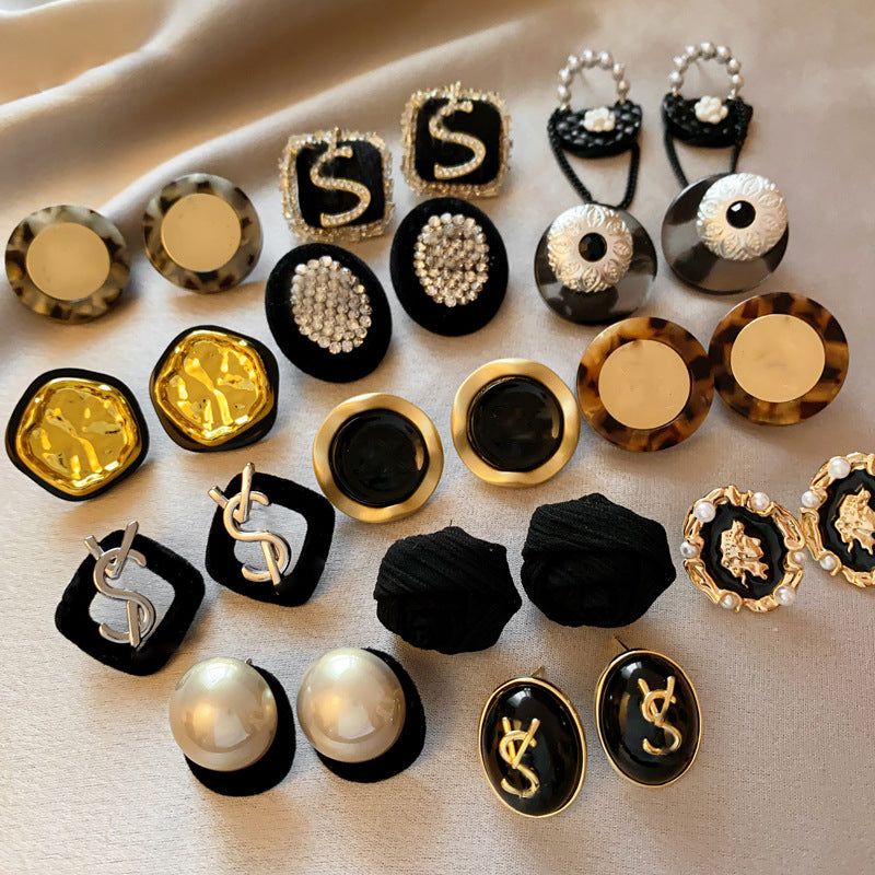 銀針法式黑色鑲鑽字母珍珠包包流蘇耳環小衆氣質耳釘高級感耳飾女