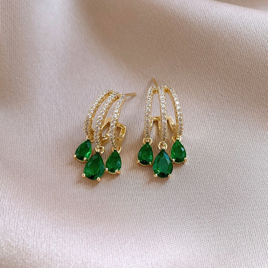 歐美跨境綠色鋯石花朵幾何耳釘氣質百搭耳環輕奢高級感耳飾設計感