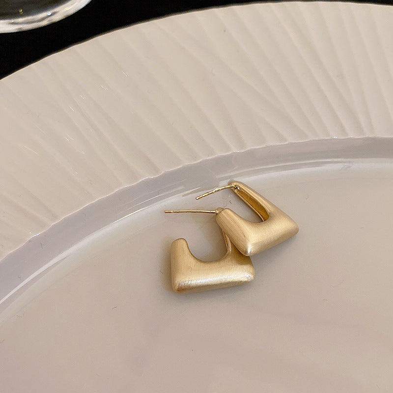 銀針歐美輕奢金屬風拉絲方形愛心耳環女網紅個性幾何耳釘時尚耳飾