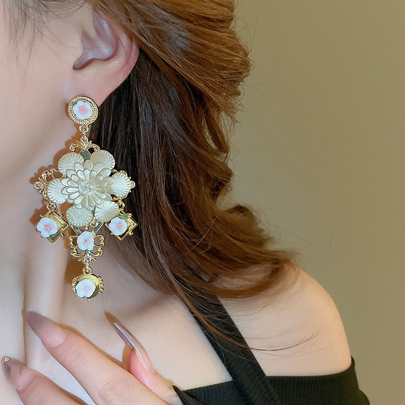 銀針超仙珍珠花朵流蘇耳環氣質時尚耳釘跨境歐美誇張高級感耳飾女