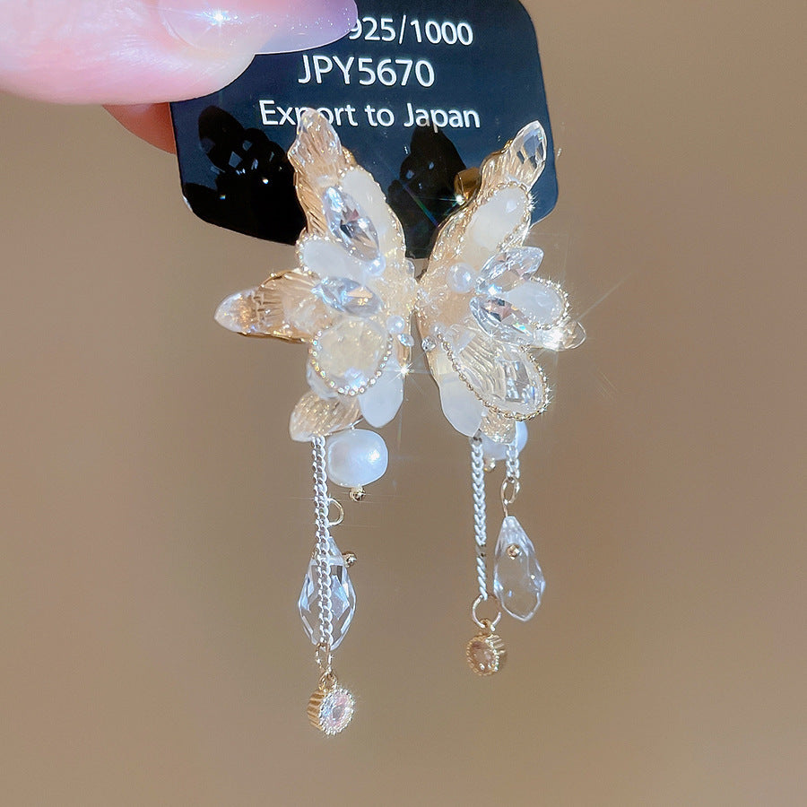 銀針熱銷鑲鑽鋯石水滴蝴蝶流蘇耳環輕奢高級感耳釘耳飾設計感小衆