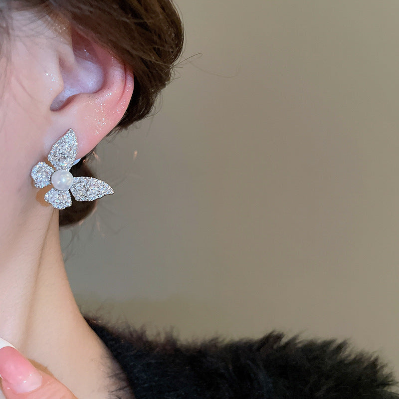 銀針輕奢鋯石花朵蝴蝶珍珠款耳釘氣質耳環高級感秋冬法式復古耳飾
