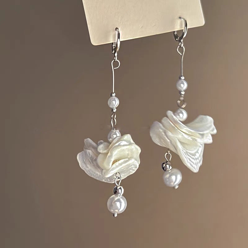 銀針時尚白色系花朵貝殼珍珠耳環氣質新款耳釘歐美時尚高級感耳飾