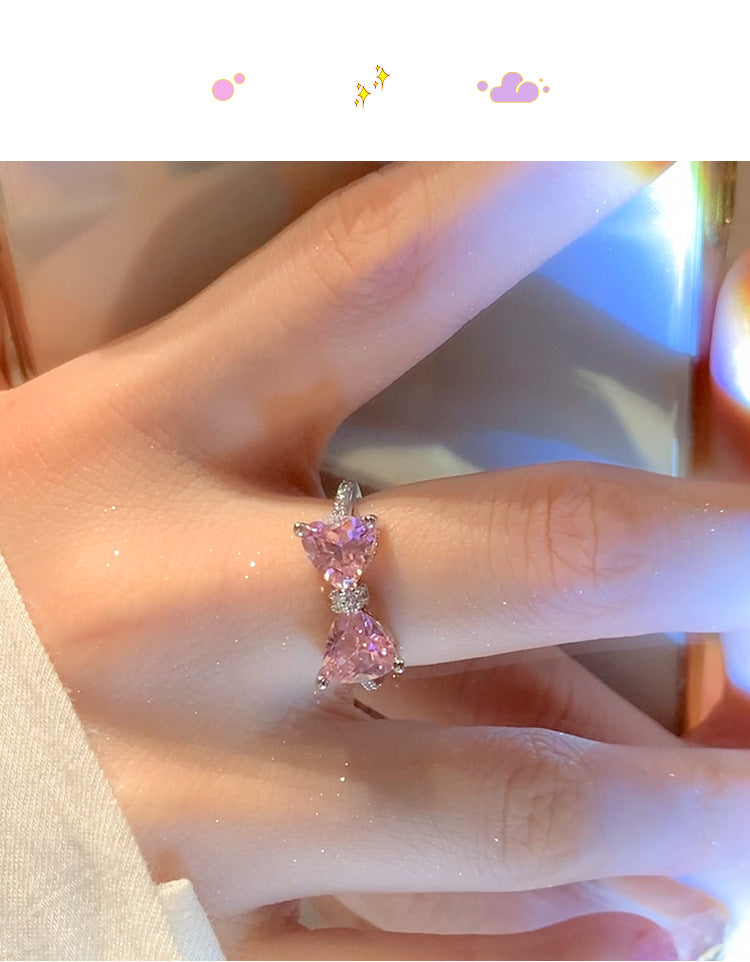 韓系甜美鋯石蝴蝶結開口戒指輕奢高級感食指戒精緻設計感小衆手飾