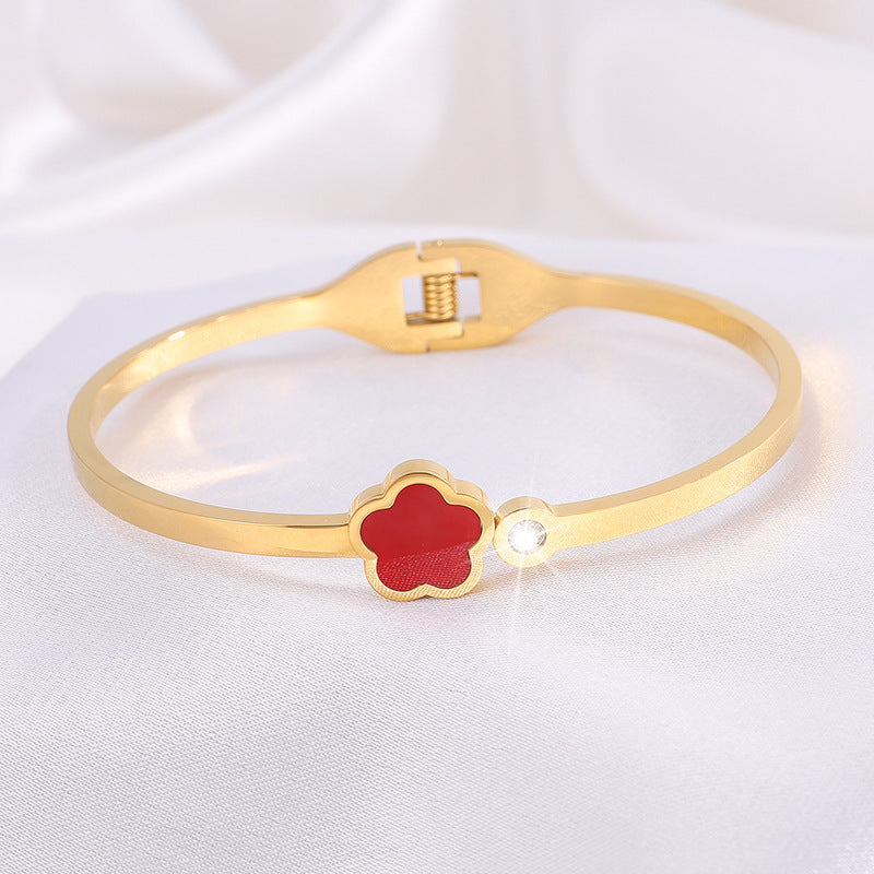 韓版五葉花玫瑰金鈦鋼手鐲時尚爆款手飾鑲鑽女新款個性不鏽鋼手環