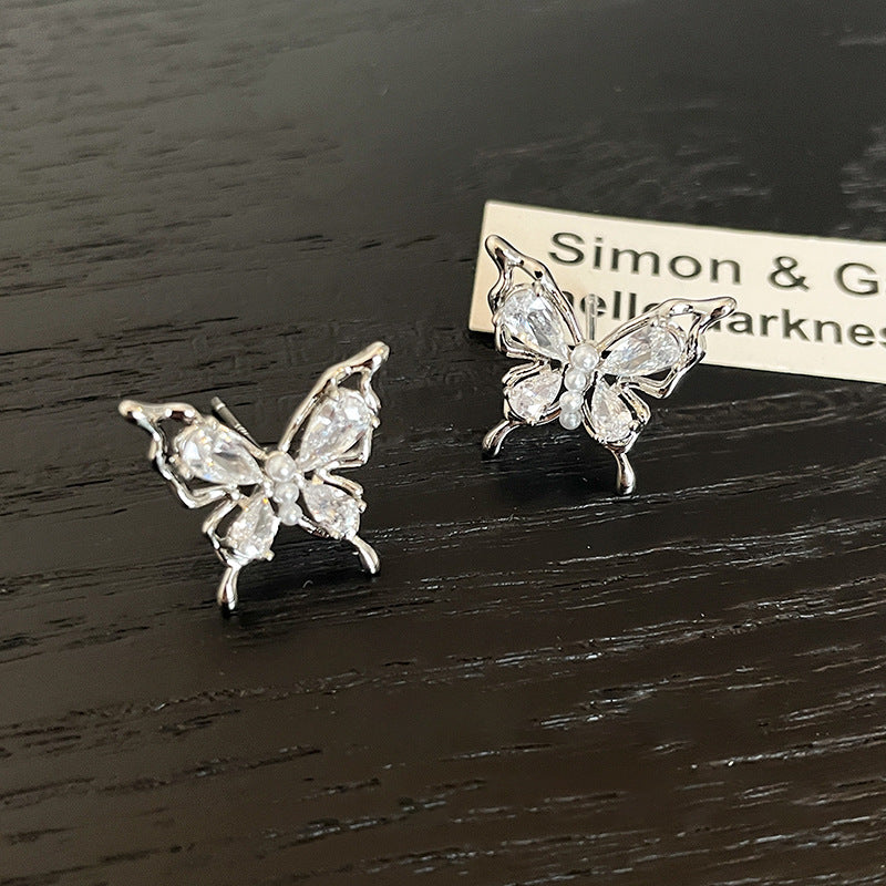 銀針跨境冷淡風銀色鑲鑽鋯石花朵珍珠耳環長款流蘇耳釘高級感耳飾