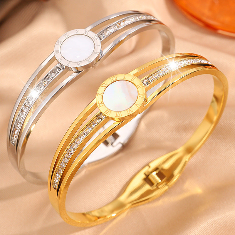 跨境熱賣新品白貝羅馬文不鏽鋼手鐲女歐美小衆輕奢鏤空鑲鑽手飾品