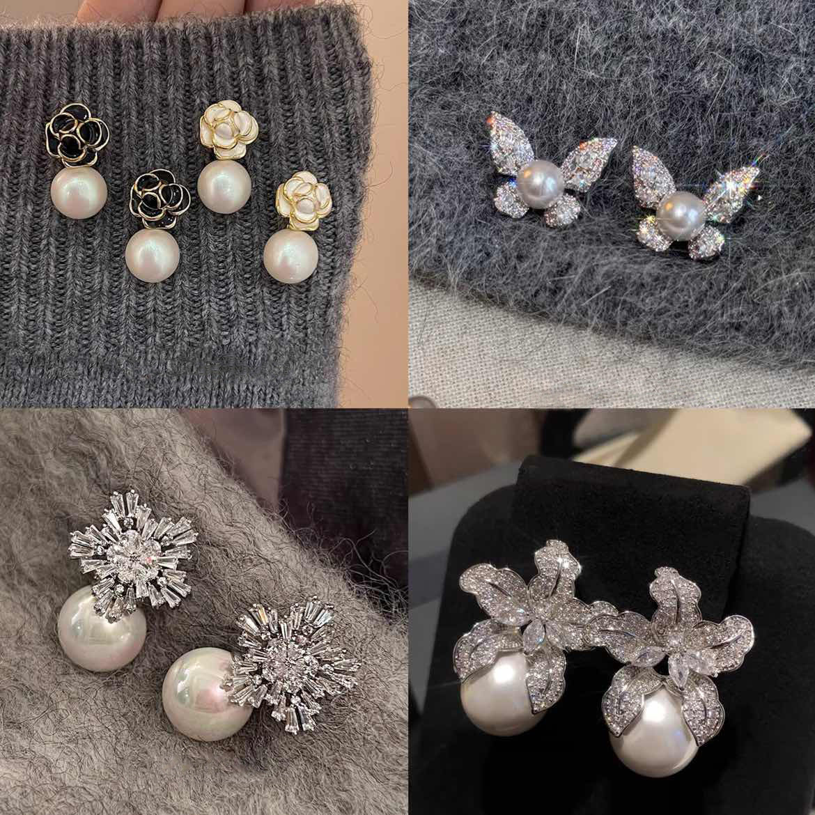 銀針輕奢鋯石花朵蝴蝶珍珠款耳釘氣質耳環高級感秋冬法式復古耳飾