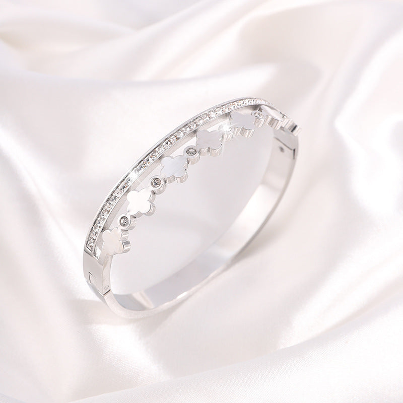 跨境爆款電鍍18K鈦鋼手鐲時尚鑲鑽四葉草輕奢高級不掉色手環