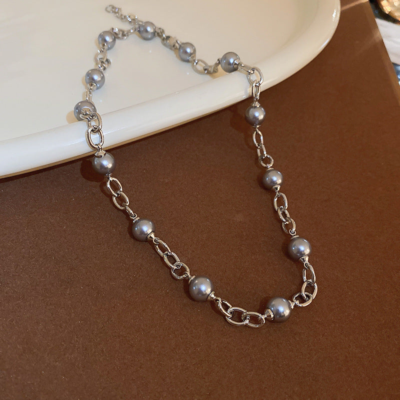 法式復古灰色珍珠項鍊小衆簡約設計感鎖骨鏈氣質輕奢高級感項飾女