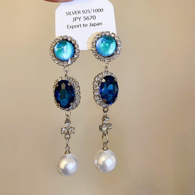 復古藍色鑲鑽珍珠流蘇項鍊法式復古宮廷風鎖骨鏈輕奢高級感項飾女