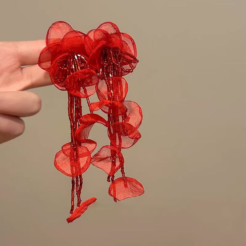 浪漫烏托邦安可拉紅色花朵流蘇耳釘氛圍感長款耳釘輕奢高級感耳飾
