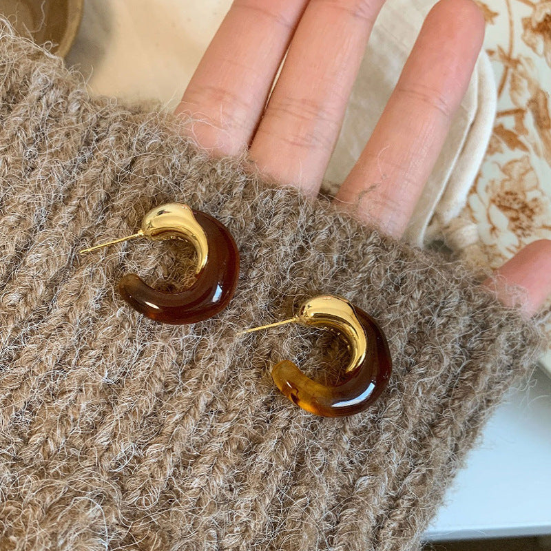 美拉德風咖色幾何花朵愛心耳釘時尚氣質耳環復古高級感耳飾女