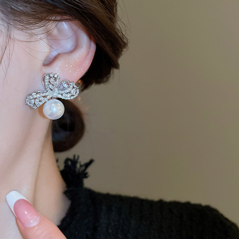銀針輕奢鋯石花朵蝴蝶珍珠款耳釘氣質耳環高級感秋冬法式復古耳飾