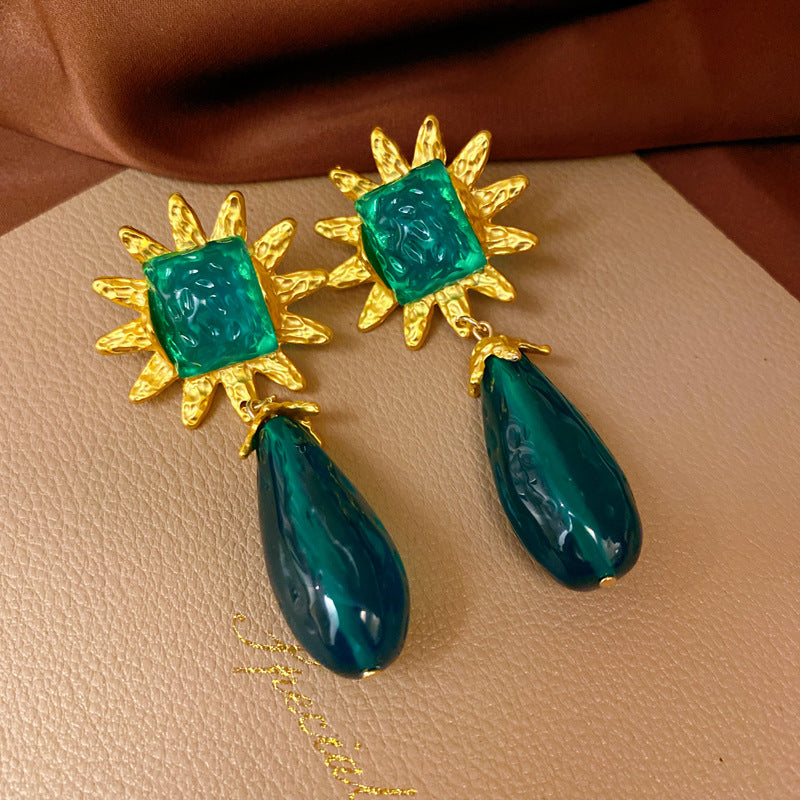 銀針中古vintage綠色鑲鑽蝴蝶珍珠耳環氣質耳墜復古高級感耳飾女