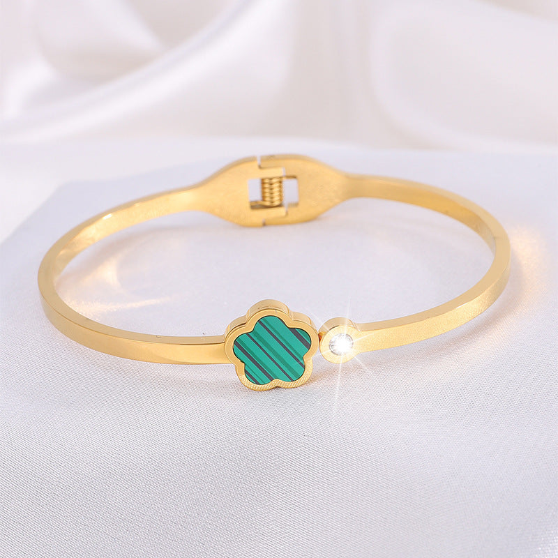 韓版五葉花玫瑰金鈦鋼手鐲時尚爆款手飾鑲鑽女新款個性不鏽鋼手環