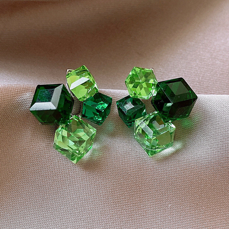 歐美跨境綠色鋯石花朵幾何耳釘氣質百搭耳環輕奢高級感耳飾設計感