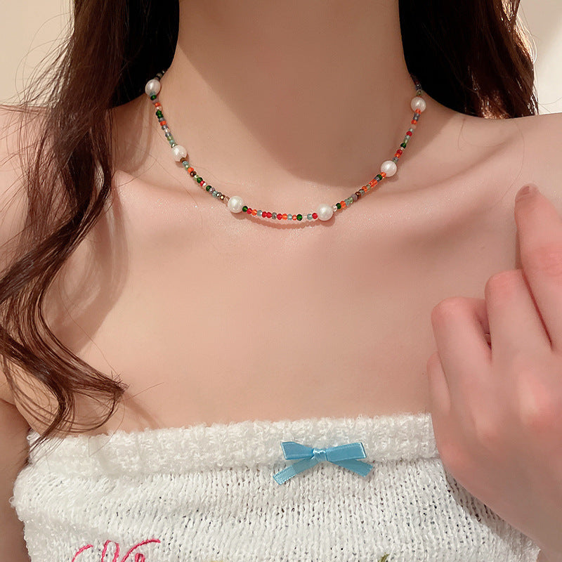 法式甜美愛心蝴蝶結珍珠項鍊少女小清新鎖骨鏈小衆百搭超仙項飾女