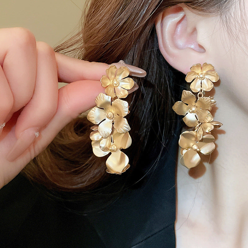 銀針歐美金屬風珍珠蝴蝶花朵流蘇耳釘小衆個性耳環時尚誇張耳飾女