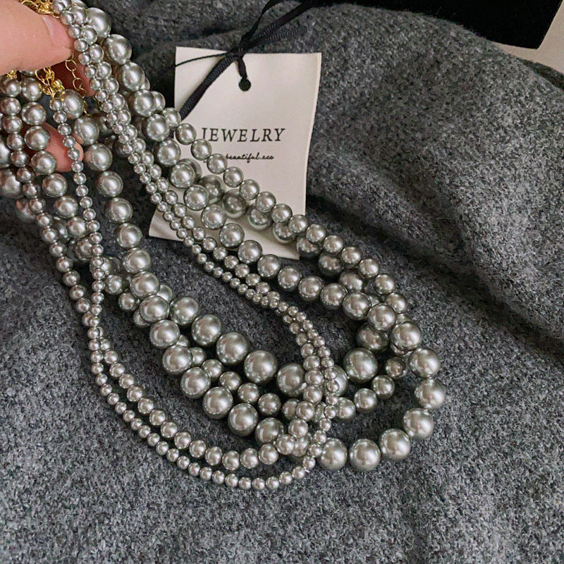 法式復古灰色珍珠項鍊小衆簡約設計感鎖骨鏈氣質輕奢高級感項飾女