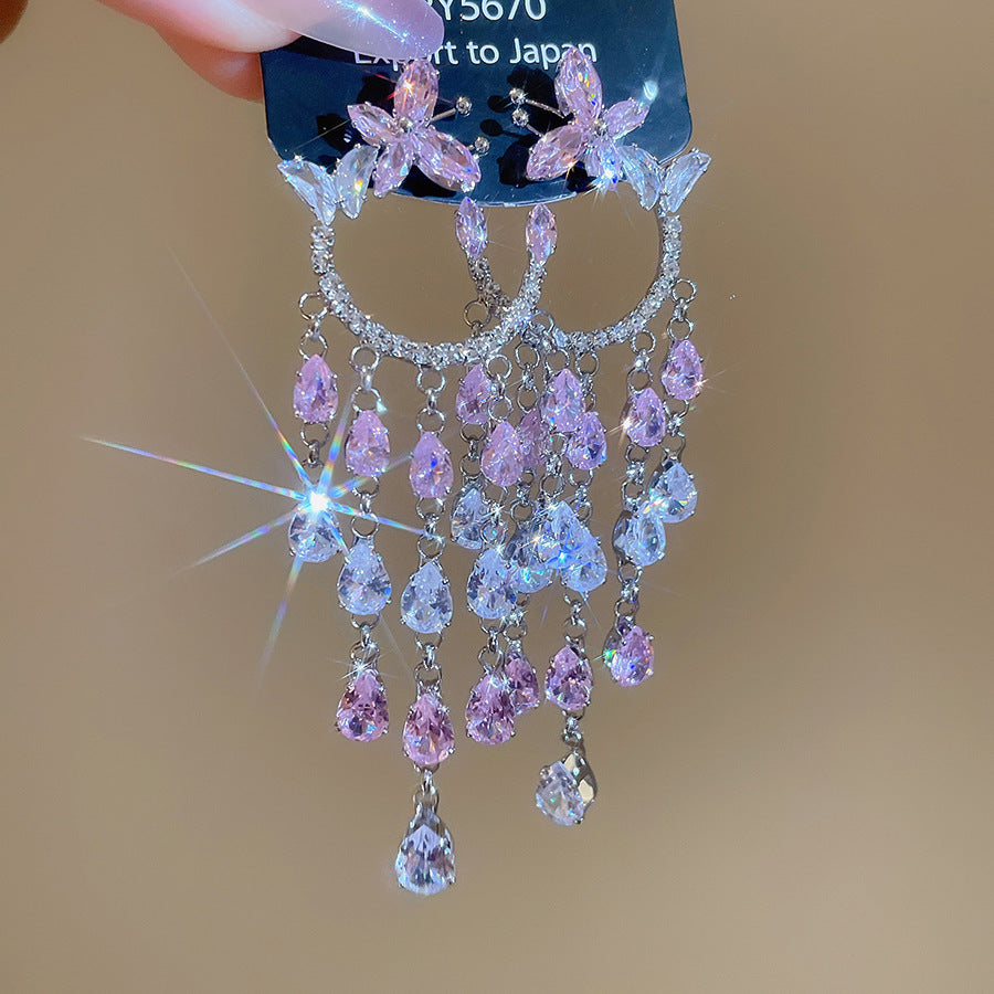 銀針熱銷鑲鑽鋯石水滴蝴蝶流蘇耳環輕奢高級感耳釘耳飾設計感小衆