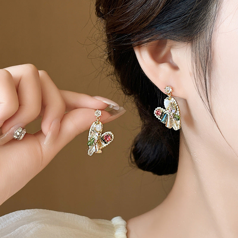 銀針歐美輕奢人造鋯石水晶款愛心耳釘時尚宮廷風耳環高級感耳飾女