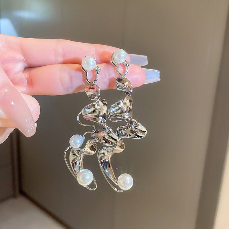 銀針跨境冷淡風銀色鑲鑽鋯石花朵珍珠耳環長款流蘇耳釘高級感耳飾