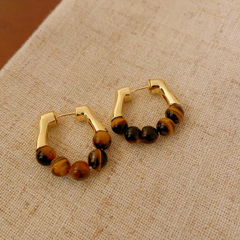 銀針小衆復古C形人造虎眼石耳環氣質設計感耳釘輕奢高級感耳飾女