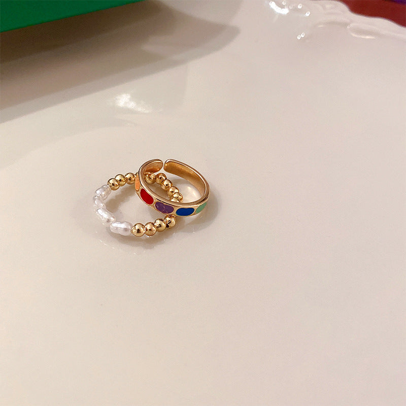 韓國ins風幾何珍珠花朵愛心開口戒指甜美氣質指環食指戒復古手飾