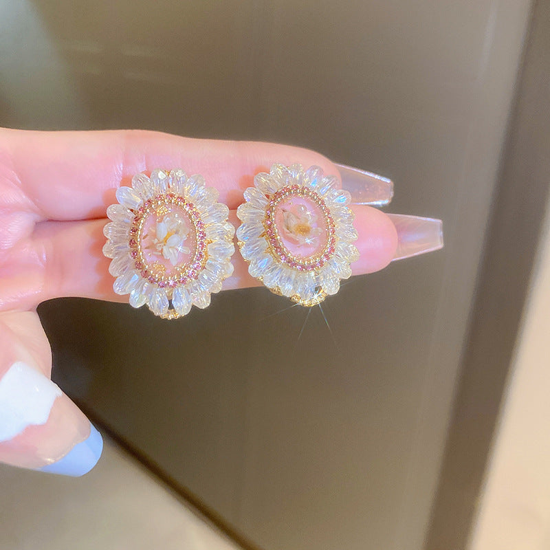 度假風粉色米珠花朵珍珠流蘇耳環少女氛圍感耳釘波西米亞甜美耳飾