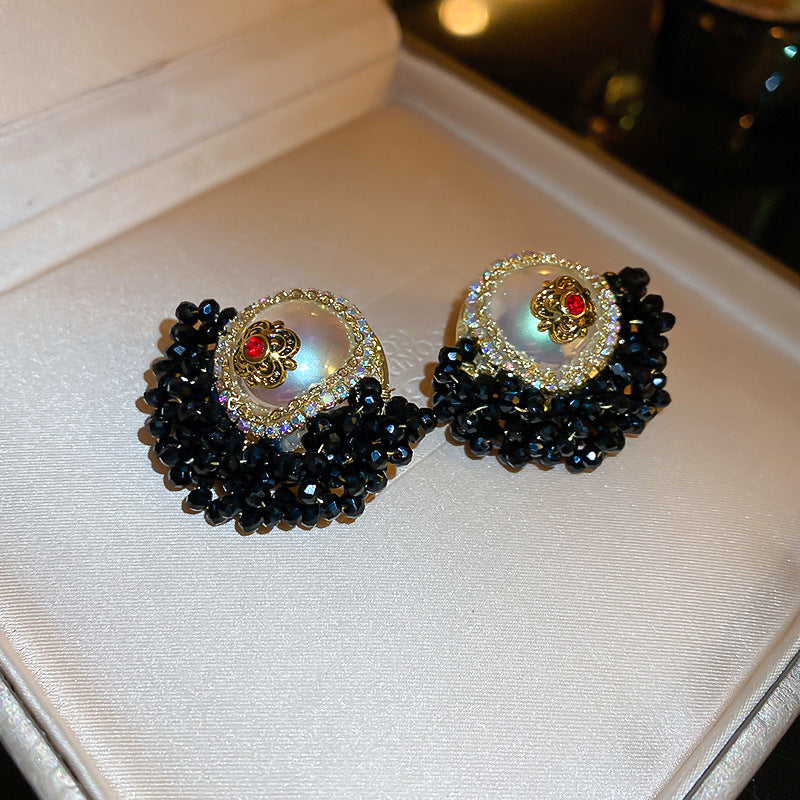 銀針法式黑色鑲鑽字母珍珠包包流蘇耳環小衆氣質耳釘高級感耳飾女