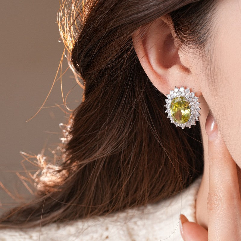 歐美跨境綠色鋯石花朵幾何耳釘氣質百搭耳環輕奢高級感耳飾設計感