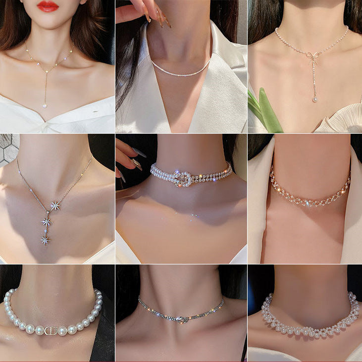 韓國東大門珍珠閃鑽幾何項鍊新款頸鍊簡約百搭冷淡風鎖骨鏈頸飾女