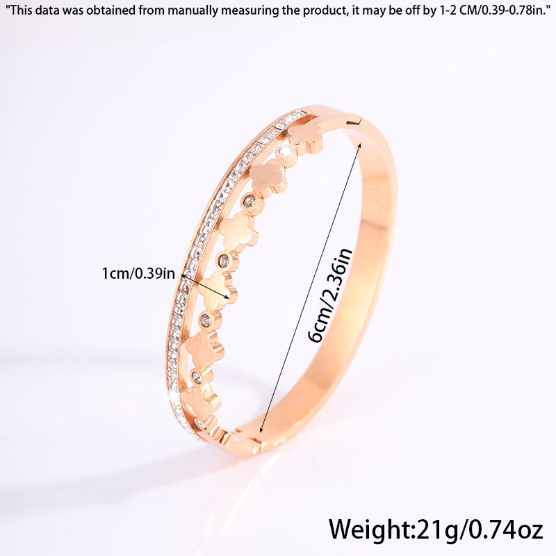 跨境爆款電鍍18K鈦鋼手鐲時尚鑲鑽四葉草輕奢高級不掉色手環