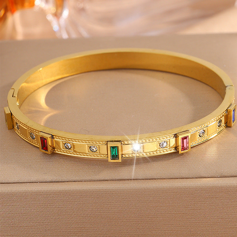 鈦鋼手鐲情侶款華格夫方形彩鑽鑲嵌歐美熱賣精緻百搭氣質手鐲飾品